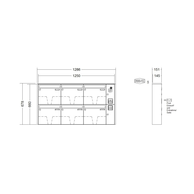 Briefkastenanlage Aufputz Renz Quadra 1-6 fach, Sprech - Klingel: mit Sprech Klingel, Kastengröße: 370 x 330 x 145mm ( 17 Liter ), Teilnehmer: 6 Teilnehmer, Anlagenfarbe: Standard Farben