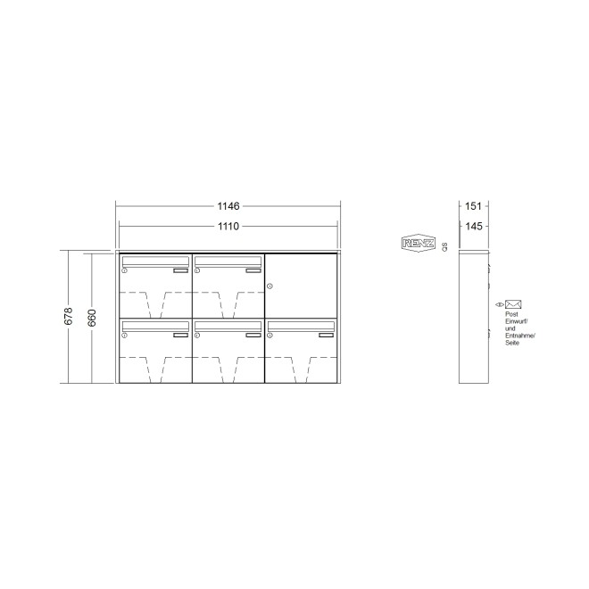 Briefkastenanlage Aufputz Renz Quadra 1-6 fach, Sprech - Klingel: ohne Sprech - Klingel, Kastengröße: 370 x 330 x 145mm ( 17 Liter ), Teilnehmer: 5 Teilnehmer, Anlagenfarbe: Standard Farben