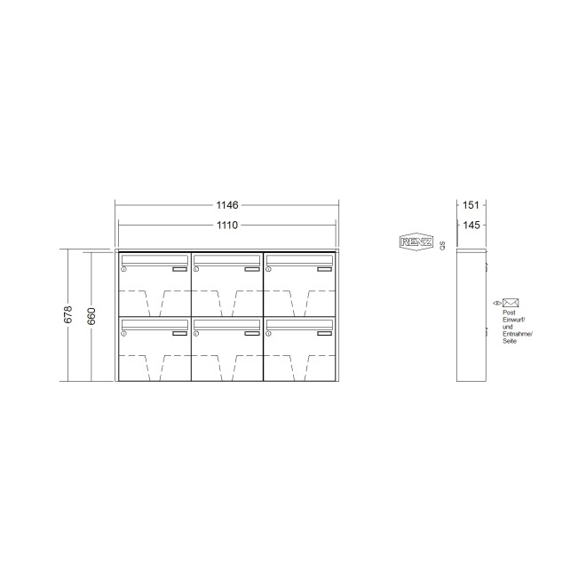 Briefkastenanlage Aufputz Renz Quadra 1-6 fach, Sprech - Klingel: ohne Sprech - Klingel, Kastengröße: 370 x 330 x 145mm ( 17 Liter ), Teilnehmer: 6 Teilnehmer, Anlagenfarbe: Standard Farben