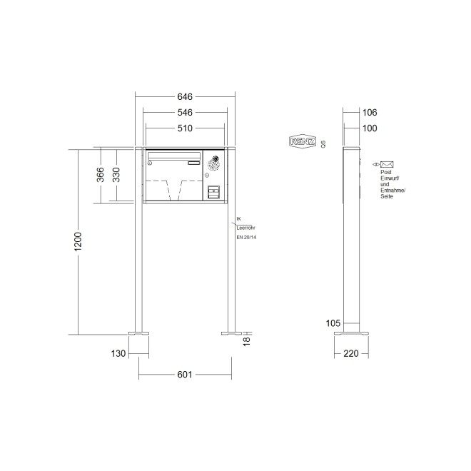 Briefkastenanlage freistehend Renz Quadra 1-6 fach, Sprech - Klingel: mit Sprech Klingel, Montageart: zum Aufschrauben, Kastengröße: 370 x 330 x 100mm ( 12 Liter ), Teilnehmer: 1 Teilnehmer, Anlagenfarbe: Standard Farben