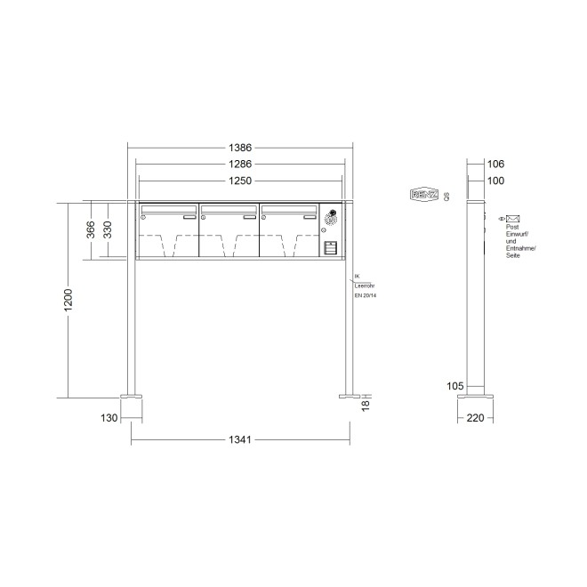 Briefkastenanlage freistehend Renz Quadra 1-6 fach, Sprech - Klingel: mit Sprech Klingel, Montageart: zum Aufschrauben, Kastengröße: 370 x 330 x 100mm ( 12 Liter ), Teilnehmer: 3 Teilnehmer, Anlagenfarbe: Standard Farben