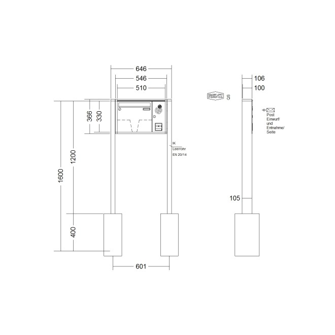 Briefkastenanlage freistehend Renz Quadra 1-6 fach, Sprech - Klingel: mit Sprech Klingel, Montageart: zum Einbetonieren, Kastengröße: 370 x 330 x 100mm ( 12 Liter ), Teilnehmer: 1 Teilnehmer, Anlagenfarbe: Standard Farben