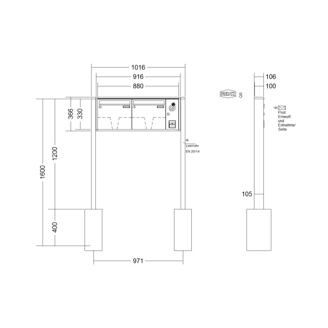 Briefkastenanlage freistehend Renz Quadra 1-6 fach, Sprech - Klingel: mit Sprech Klingel, Montageart: zum Einbetonieren, Kastengröße: 370 x 330 x 100mm ( 12 Liter ), Teilnehmer: 2 Teilnehmer, Anlagenfarbe: Standard Farben