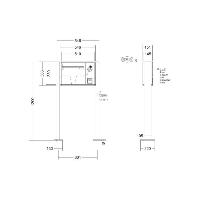 Briefkastenanlage freistehend Renz Quadra 1-6 fach, Sprech - Klingel: mit Sprech Klingel, Montageart: zum Aufschrauben, Kastengröße: 370 x 330 x 145mm ( 17 Liter ), Teilnehmer: 1 Teilnehmer, Anlagenfarbe: Standard Farben