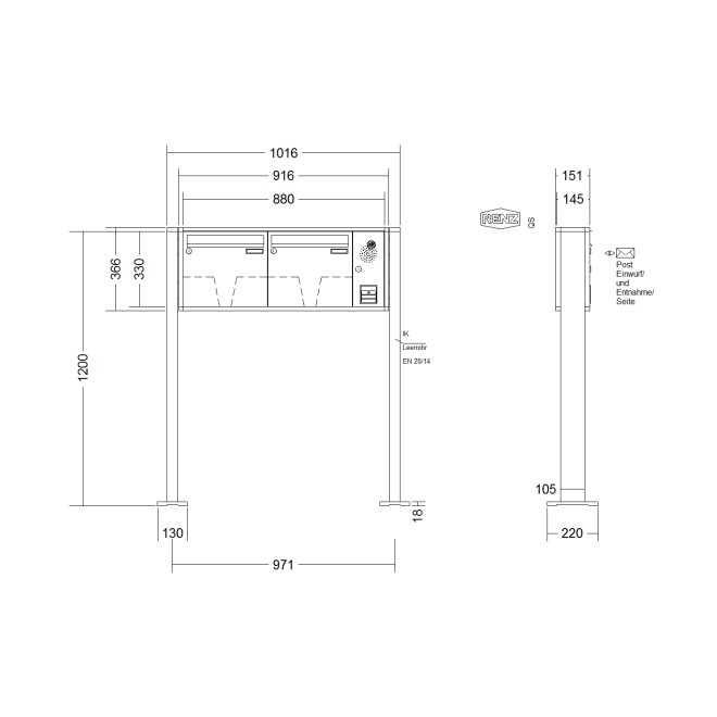 Briefkastenanlage freistehend Renz Quadra 1-6 fach, Sprech - Klingel: mit Sprech Klingel, Montageart: zum Aufschrauben, Kastengröße: 370 x 330 x 145mm ( 17 Liter ), Teilnehmer: 2 Teilnehmer, Anlagenfarbe: Standard Farben