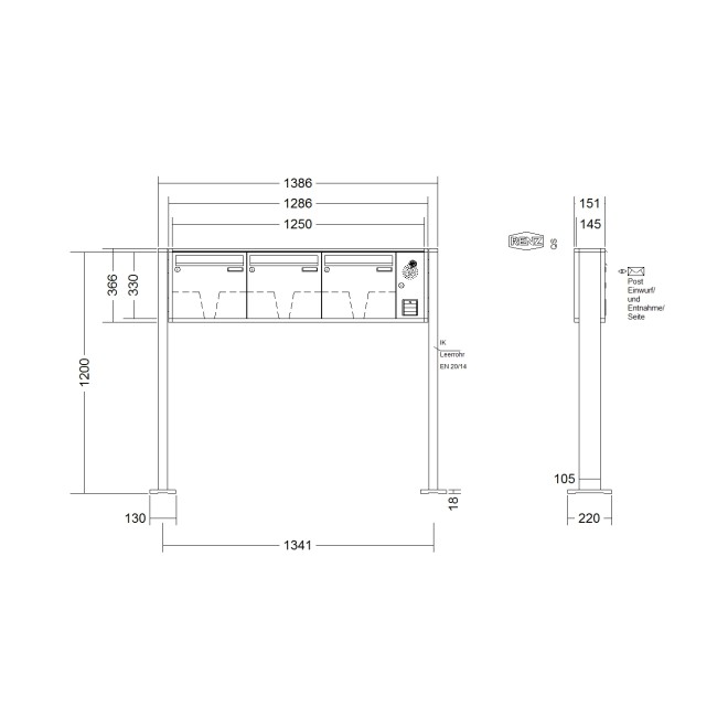 Briefkastenanlage freistehend Renz Quadra 1-6 fach, Sprech - Klingel: mit Sprech Klingel, Montageart: zum Aufschrauben, Kastengröße: 370 x 330 x 145mm ( 17 Liter ), Teilnehmer: 3 Teilnehmer, Anlagenfarbe: Standard Farben