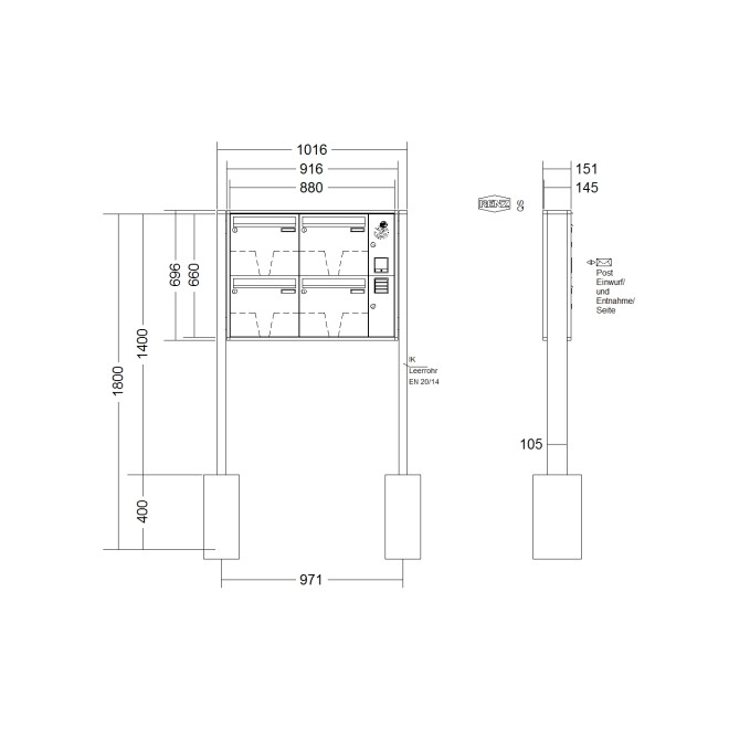 Briefkastenanlage freistehend Renz Quadra 1-6 fach, Sprech - Klingel: mit Sprech Klingel, Montageart: zum Einbetonieren, Kastengröße: 370 x 330 x 145mm ( 17 Liter ), Teilnehmer: 4 Teilnehmer, Anlagenfarbe: Standard Farben