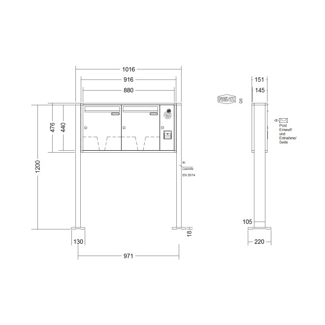 Briefkastenanlage freistehend Renz Quadra 1-6 fach, Sprech - Klingel: mit Sprech Klingel, Montageart: zum Aufschrauben, Kastengröße: 370 x 440 x 145mm ( 23 Liter ), Teilnehmer: 2 Teilnehmer, Anlagenfarbe: Standard Farben