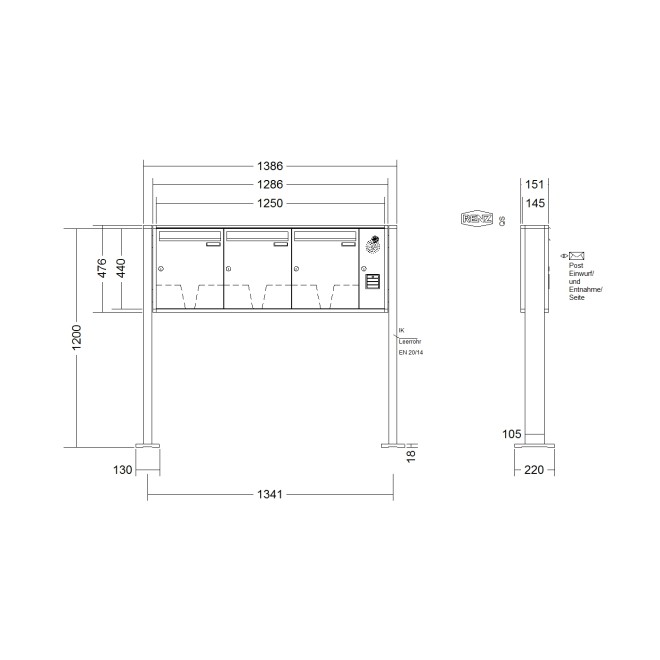 Briefkastenanlage freistehend Renz Quadra 1-6 fach, Sprech - Klingel: mit Sprech Klingel, Montageart: zum Aufschrauben, Kastengröße: 370 x 440 x 145mm ( 23 Liter ), Teilnehmer: 3 Teilnehmer, Anlagenfarbe: Standard Farben
