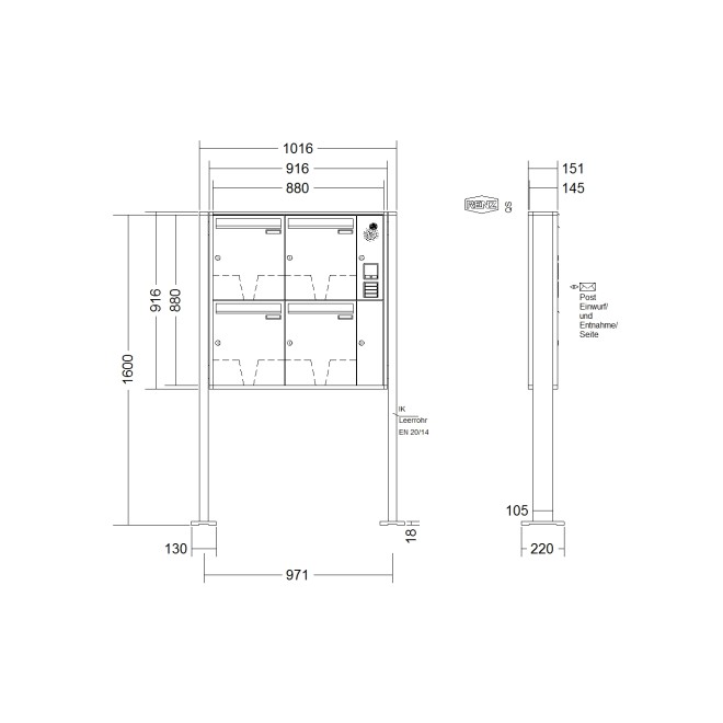 Briefkastenanlage freistehend Renz Quadra 1-6 fach, Sprech - Klingel: mit Sprech Klingel, Montageart: zum Aufschrauben, Kastengröße: 370 x 440 x 145mm ( 23 Liter ), Teilnehmer: 4 Teilnehmer, Anlagenfarbe: Standard Farben