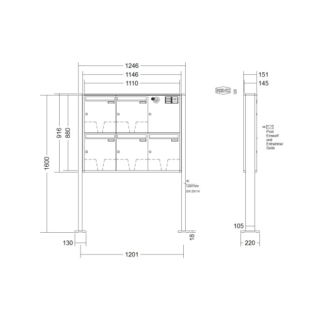 Briefkastenanlage freistehend Renz Quadra 1-6 fach, Sprech - Klingel: mit Sprech Klingel, Montageart: zum Aufschrauben, Kastengröße: 370 x 440 x 145mm ( 23 Liter ), Teilnehmer: 5 Teilnehmer, Anlagenfarbe: Standard Farben