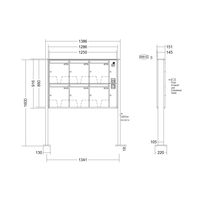Briefkastenanlage freistehend Renz Quadra 1-6 fach, Sprech - Klingel: mit Sprech Klingel, Montageart: zum Aufschrauben, Kastengröße: 370 x 440 x 145mm ( 23 Liter ), Teilnehmer: 6 Teilnehmer, Anlagenfarbe: Standard Farben