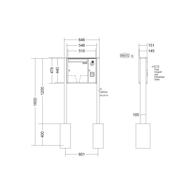 Briefkastenanlage freistehend Renz Quadra 1-6 fach, Sprech - Klingel: mit Sprech Klingel, Montageart: zum Einbetonieren, Kastengröße: 370 x 440 x 145mm ( 23 Liter ), Teilnehmer: 1 Teilnehmer, Anlagenfarbe: Standard Farben