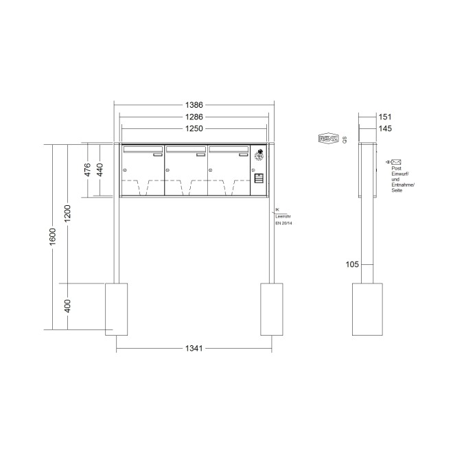 Briefkastenanlage freistehend Renz Quadra 1-6 fach, Sprech - Klingel: mit Sprech Klingel, Montageart: zum Einbetonieren, Kastengröße: 370 x 440 x 145mm ( 23 Liter ), Teilnehmer: 3 Teilnehmer, Anlagenfarbe: Standard Farben