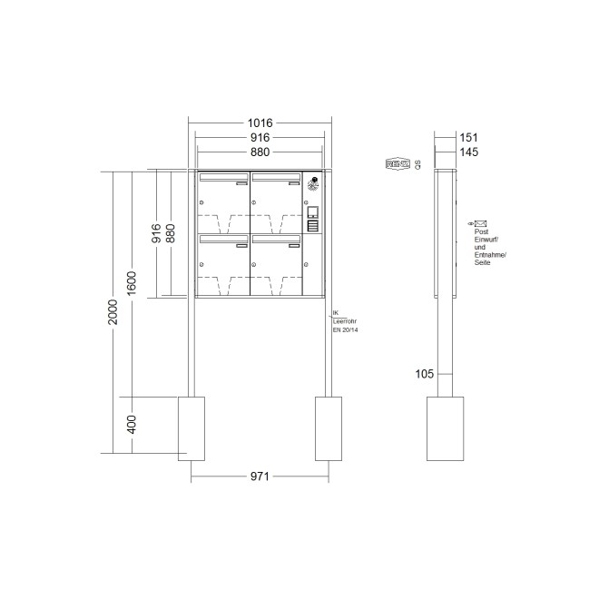 Briefkastenanlage freistehend Renz Quadra 1-6 fach, Sprech - Klingel: mit Sprech Klingel, Montageart: zum Einbetonieren, Kastengröße: 370 x 440 x 145mm ( 23 Liter ), Teilnehmer: 4 Teilnehmer, Anlagenfarbe: Standard Farben