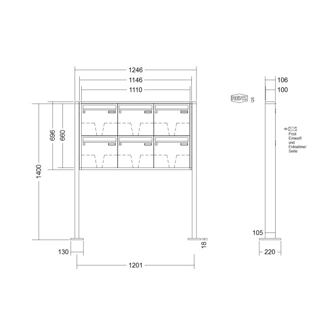 Briefkastenanlage freistehend Renz Quadra 1-6 fach, Sprech - Klingel: ohne Sprech - Klingel, Montageart: zum Aufschrauben, Kastengröße: 370 x 330 x 100mm ( 12 Liter ), Teilnehmer: 6 Teilnehmer, Anlagenfarbe: Standard Farben