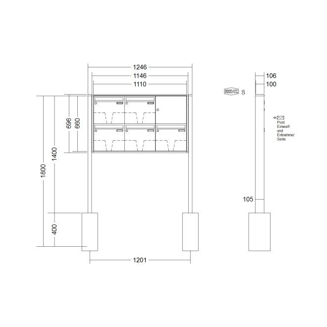 Briefkastenanlage freistehend Renz Quadra 1-6 fach, Sprech - Klingel: ohne Sprech - Klingel, Montageart: zum Einbetonieren, Kastengröße: 370 x 330 x 100mm ( 12 Liter ), Teilnehmer: 5 Teilnehmer, Anlagenfarbe: Standard Farben