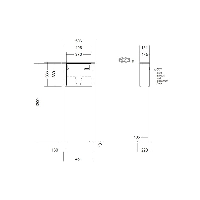 Briefkastenanlage freistehend Renz Quadra 1-6 fach, Sprech - Klingel: ohne Sprech - Klingel, Montageart: zum Aufschrauben, Kastengröße: 370 x 330 x 145mm ( 17 Liter ), Teilnehmer: 1 Teilnehmer, Anlagenfarbe: Standard Farben