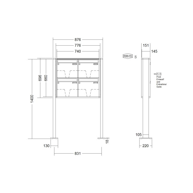 Briefkastenanlage freistehend Renz Quadra 1-6 fach, Sprech - Klingel: ohne Sprech - Klingel, Montageart: zum Aufschrauben, Kastengröße: 370 x 330 x 145mm ( 17 Liter ), Teilnehmer: 4 Teilnehmer, Anlagenfarbe: Standard Farben