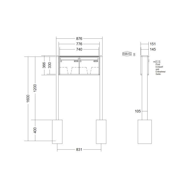 Briefkastenanlage freistehend Renz Quadra 1-6 fach, Sprech - Klingel: ohne Sprech - Klingel, Montageart: zum Einbetonieren, Kastengröße: 370 x 330 x 145mm ( 17 Liter ), Teilnehmer: 2 Teilnehmer, Anlagenfarbe: Standard Farben