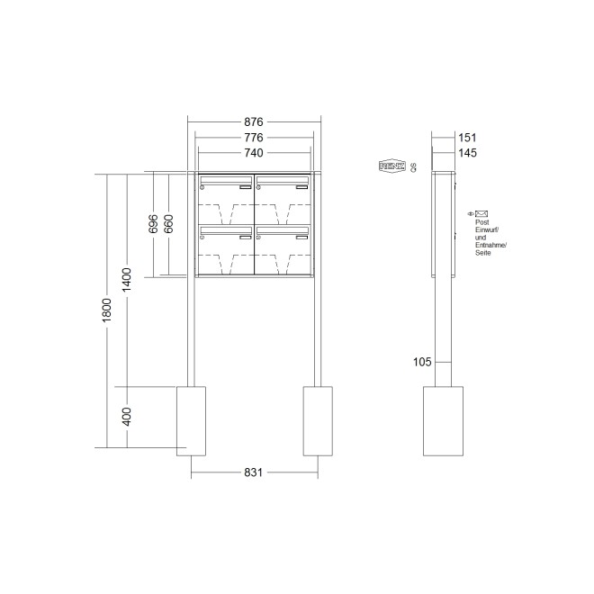Briefkastenanlage freistehend Renz Quadra 1-6 fach, Sprech - Klingel: ohne Sprech - Klingel, Montageart: zum Einbetonieren, Kastengröße: 370 x 330 x 145mm ( 17 Liter ), Teilnehmer: 4 Teilnehmer, Anlagenfarbe: Standard Farben