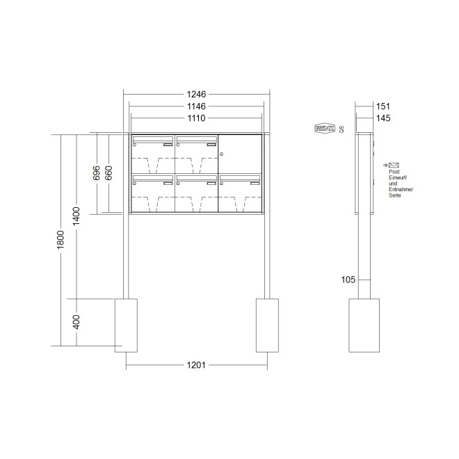 Briefkastenanlage freistehend Renz Quadra 1-6 fach, Sprech - Klingel: ohne Sprech - Klingel, Montageart: zum Einbetonieren, Kastengröße: 370 x 330 x 145mm ( 17 Liter ), Teilnehmer: 5 Teilnehmer, Anlagenfarbe: Standard Farben