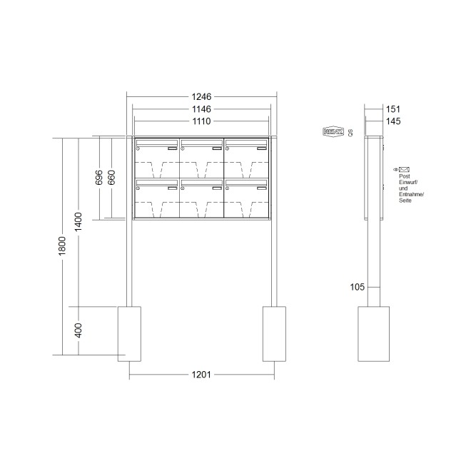 Briefkastenanlage freistehend Renz Quadra 1-6 fach, Sprech - Klingel: ohne Sprech - Klingel, Montageart: zum Einbetonieren, Kastengröße: 370 x 330 x 145mm ( 17 Liter ), Teilnehmer: 6 Teilnehmer, Anlagenfarbe: Standard Farben