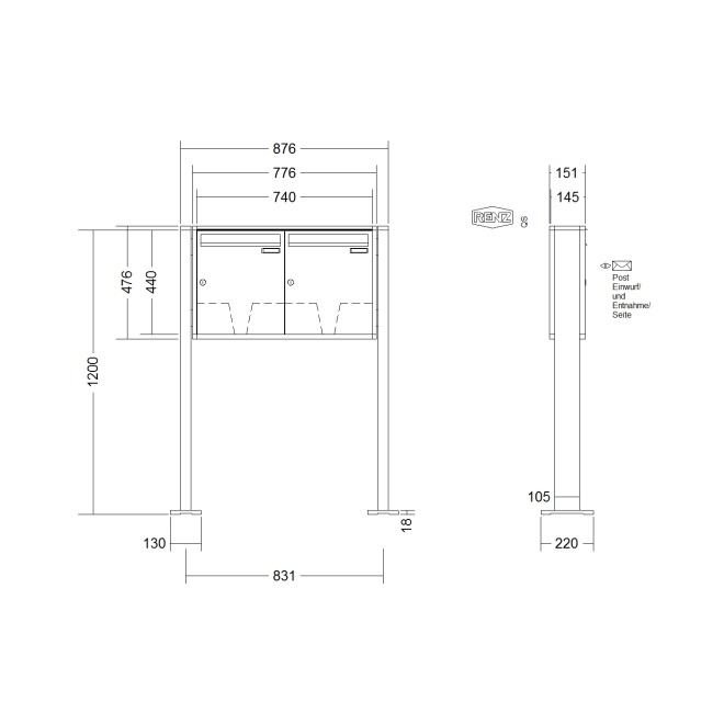Briefkastenanlage freistehend Renz Quadra 1-6 fach, Sprech - Klingel: ohne Sprech - Klingel, Montageart: zum Aufschrauben, Kastengröße: 370 x 440 x 145mm ( 23 Liter ), Teilnehmer: 2 Teilnehmer, Anlagenfarbe: Standard Farben