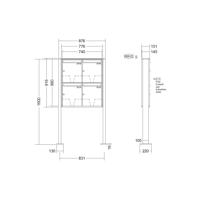 Briefkastenanlage freistehend Renz Quadra 1-6 fach, Sprech - Klingel: ohne Sprech - Klingel, Montageart: zum Aufschrauben, Kastengröße: 370 x 440 x 145mm ( 23 Liter ), Teilnehmer: 4 Teilnehmer, Anlagenfarbe: Standard Farben