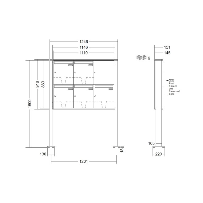 Briefkastenanlage freistehend Renz Quadra 1-6 fach, Sprech - Klingel: ohne Sprech - Klingel, Montageart: zum Aufschrauben, Kastengröße: 370 x 440 x 145mm ( 23 Liter ), Teilnehmer: 5 Teilnehmer, Anlagenfarbe: Standard Farben