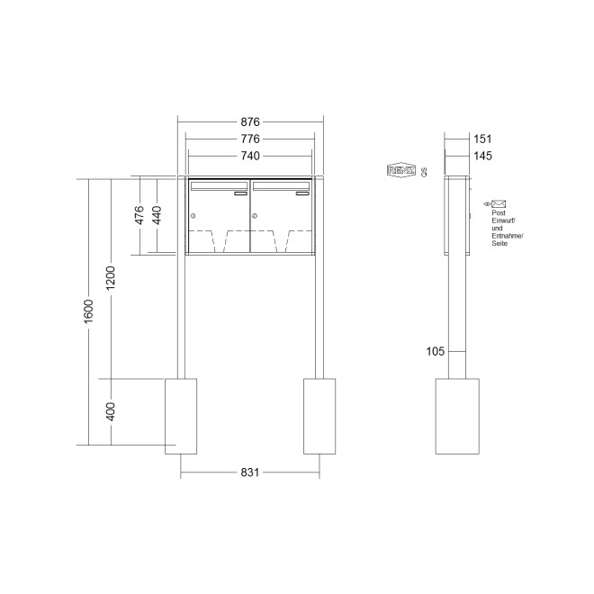 Briefkastenanlage freistehend Renz Quadra 1-6 fach, Sprech - Klingel: ohne Sprech - Klingel, Montageart: zum Einbetonieren, Kastengröße: 370 x 440 x 145mm ( 23 Liter ), Teilnehmer: 2 Teilnehmer, Anlagenfarbe: Standard Farben