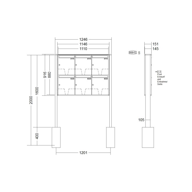 Briefkastenanlage freistehend Renz Quadra 1-6 fach, Sprech - Klingel: ohne Sprech - Klingel, Montageart: zum Einbetonieren, Kastengröße: 370 x 440 x 145mm ( 23 Liter ), Teilnehmer: 6 Teilnehmer, Anlagenfarbe: Standard Farben