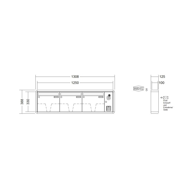 Briefkastenanlage Aufputz Renz RS2000 1-6 fach, Sprech - Klingel: mit Sprech Klingel, Kastengröße: 370 x 330 x 100mm ( 12 Liter ), Teilnehmer: 3 Teilnehmer, Anlagenfarbe: Standard Farben