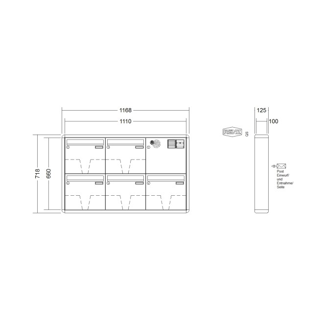 Briefkastenanlage Aufputz Renz RS2000 1-6 fach, Sprech - Klingel: mit Sprech Klingel, Kastengröße: 370 x 330 x 100mm ( 12 Liter ), Teilnehmer: 5 Teilnehmer, Anlagenfarbe: Standard Farben