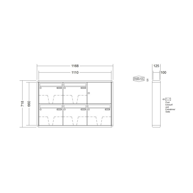 Briefkastenanlage Aufputz Renz RS2000 1-6 fach, Sprech - Klingel: ohne Sprech - Klingel, Kastengröße: 370 x 330 x 100mm ( 12 Liter ), Teilnehmer: 5 Teilnehmer, Anlagenfarbe: Standard Farben