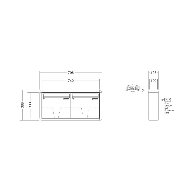 Briefkastenanlage Aufputz Renz RS2000 1-6 fach, Sprech - Klingel: ohne Sprech - Klingel, Kastengröße: 370 x 330 x 100mm ( 12 Liter ), Teilnehmer: 2 Teilnehmer, Anlagenfarbe: Standard Farben
