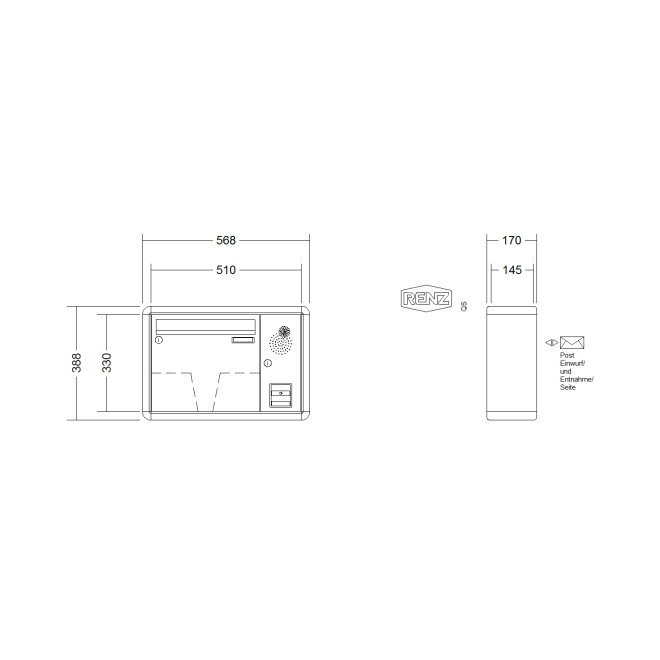 Briefkastenanlage Aufputz Renz RS2000 1-6 fach, Sprech - Klingel: mit Sprech Klingel, Kastengröße: 370 x 330 x 145mm ( 17 Liter ), Teilnehmer: 1 Teilnehmer, Anlagenfarbe: Standard Farben
