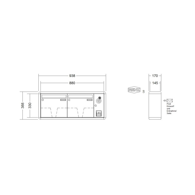 Briefkastenanlage Aufputz Renz RS2000 1-6 fach, Sprech - Klingel: mit Sprech Klingel, Kastengröße: 370 x 330 x 145mm ( 17 Liter ), Teilnehmer: 2 Teilnehmer, Anlagenfarbe: Standard Farben