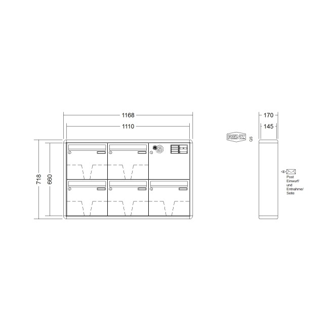 Briefkastenanlage Aufputz Renz RS2000 1-6 fach, Sprech - Klingel: mit Sprech Klingel, Kastengröße: 370 x 330 x 145mm ( 17 Liter ), Teilnehmer: 5 Teilnehmer, Anlagenfarbe: Standard Farben