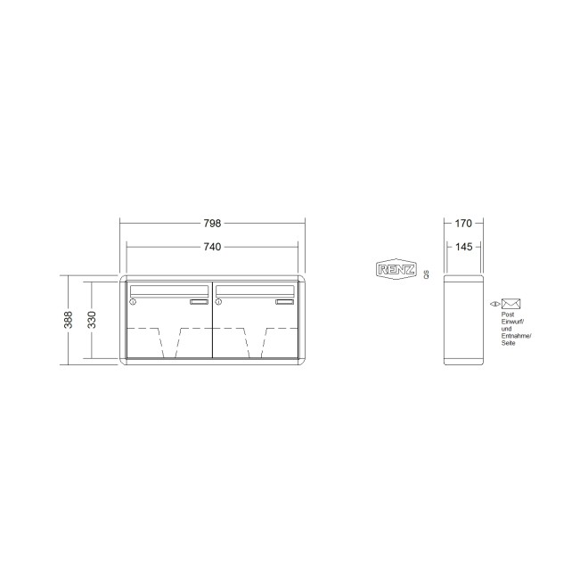Briefkastenanlage Aufputz Renz RS2000 1-6 fach, Sprech - Klingel: ohne Sprech - Klingel, Kastengröße: 370 x 330 x 145mm ( 17 Liter ), Teilnehmer: 2 Teilnehmer, Anlagenfarbe: Standard Farben