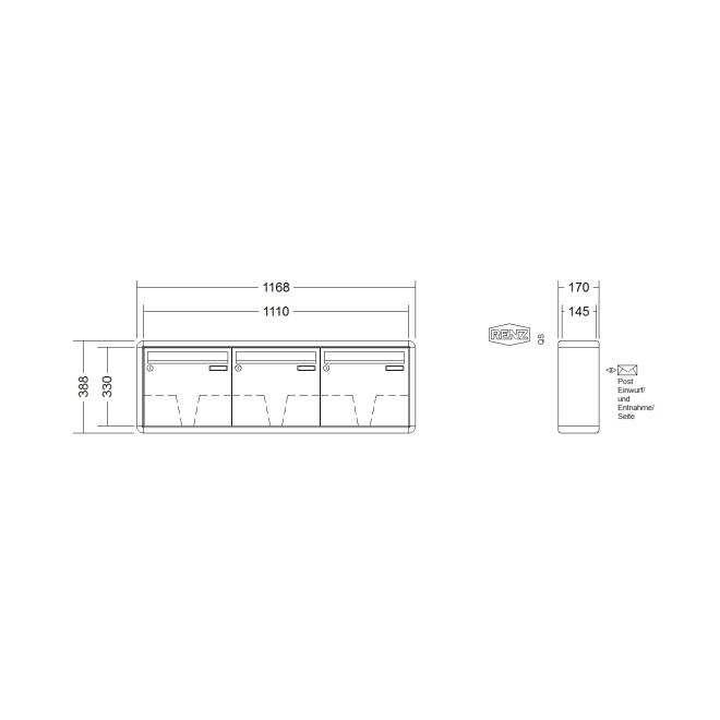 Briefkastenanlage Aufputz Renz RS2000 1-6 fach, Sprech - Klingel: ohne Sprech - Klingel, Kastengröße: 370 x 330 x 145mm ( 17 Liter ), Teilnehmer: 3 Teilnehmer, Anlagenfarbe: Standard Farben