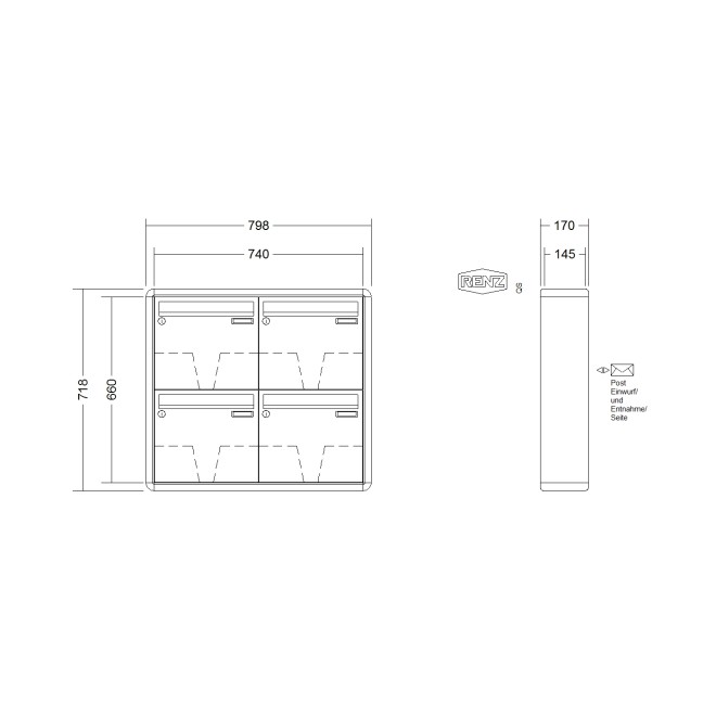Briefkastenanlage Aufputz Renz RS2000 1-6 fach, Sprech - Klingel: ohne Sprech - Klingel, Kastengröße: 370 x 330 x 145mm ( 17 Liter ), Teilnehmer: 4 Teilnehmer, Anlagenfarbe: Standard Farben
