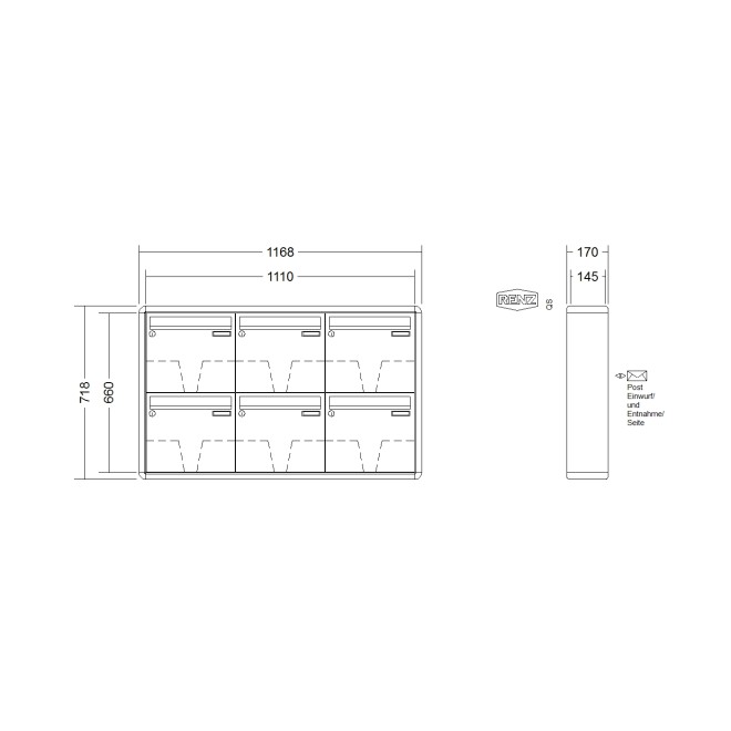 Briefkastenanlage Aufputz Renz RS2000 1-6 fach, Sprech - Klingel: ohne Sprech - Klingel, Kastengröße: 370 x 330 x 145mm ( 17 Liter ), Teilnehmer: 6 Teilnehmer, Anlagenfarbe: Standard Farben