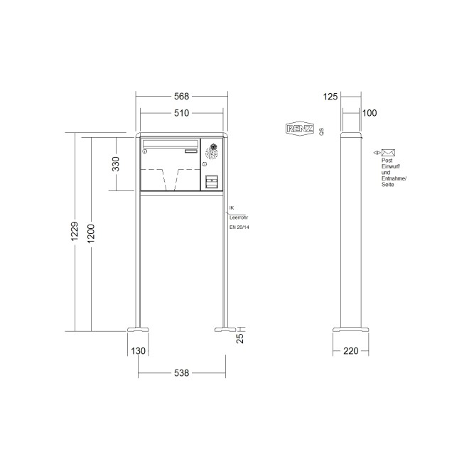Briefkastenanlage freistehend Renz RS 2000 1-6 fach, Sprech - Klingel: mit Sprech Klingel, Montageart: zum Aufschrauben, Kastengröße: 370 x 330 x 100mm ( 12 Liter ), Teilnehmer: 1 Teilnehmer, Anlagenfarbe: Standard Farben