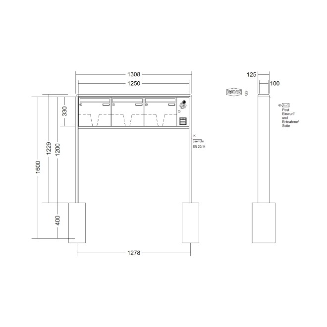 Briefkastenanlage freistehend Renz RS 2000 1-6 fach, Sprech - Klingel: mit Sprech Klingel, Montageart: zum Einbetonieren, Kastengröße: 370 x 330 x 100mm ( 12 Liter ), Teilnehmer: 3 Teilnehmer, Anlagenfarbe: Standard Farben