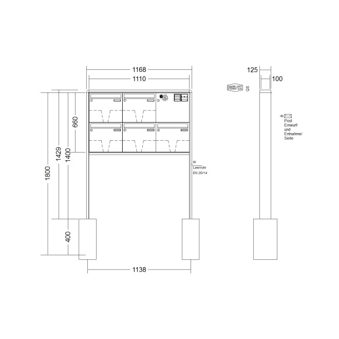 Briefkastenanlage freistehend Renz RS 2000 1-6 fach, Sprech - Klingel: mit Sprech Klingel, Montageart: zum Einbetonieren, Kastengröße: 370 x 330 x 100mm ( 12 Liter ), Teilnehmer: 5 Teilnehmer, Anlagenfarbe: Standard Farben