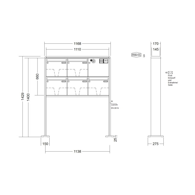 Briefkastenanlage freistehend Renz RS 2000 1-6 fach, Sprech - Klingel: mit Sprech Klingel, Montageart: zum Aufschrauben, Kastengröße: 370 x 330 x 145mm ( 17 Liter ), Teilnehmer: 5 Teilnehmer, Anlagenfarbe: Standard Farben