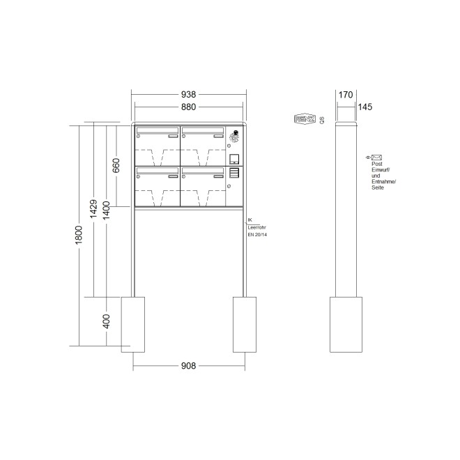 Briefkastenanlage freistehend Renz RS 2000 1-6 fach, Sprech - Klingel: mit Sprech Klingel, Montageart: zum Einbetonieren, Kastengröße: 370 x 330 x 145mm ( 17 Liter ), Teilnehmer: 4 Teilnehmer, Anlagenfarbe: Standard Farben