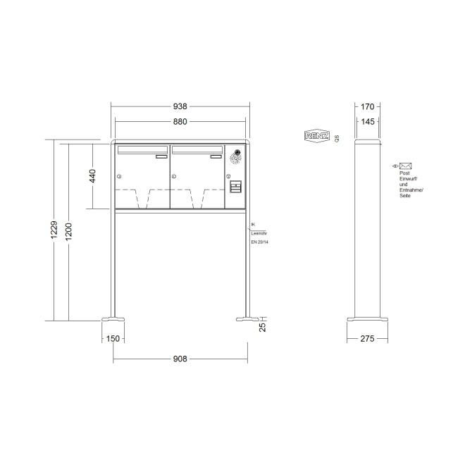 Briefkastenanlage freistehend Renz RS 2000 1-6 fach, Sprech - Klingel: mit Sprech Klingel, Montageart: zum Aufschrauben, Kastengröße: 370 x 440 x 145mm ( 23 Liter ), Teilnehmer: 2 Teilnehmer, Anlagenfarbe: Standard Farben