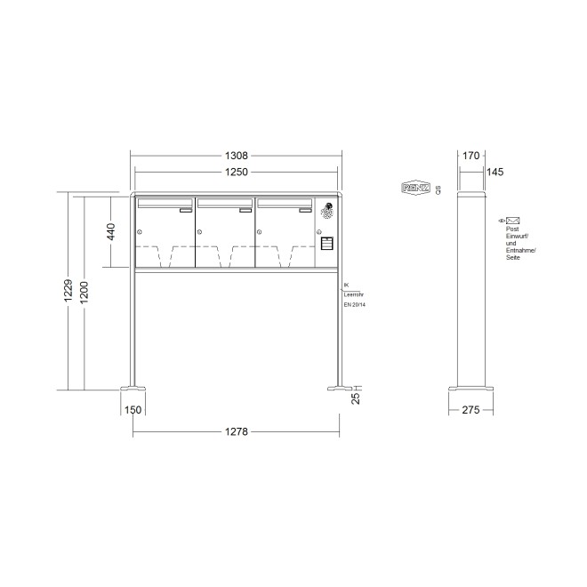 Briefkastenanlage freistehend Renz RS 2000 1-6 fach, Sprech - Klingel: mit Sprech Klingel, Montageart: zum Aufschrauben, Kastengröße: 370 x 440 x 145mm ( 23 Liter ), Teilnehmer: 3 Teilnehmer, Anlagenfarbe: Standard Farben